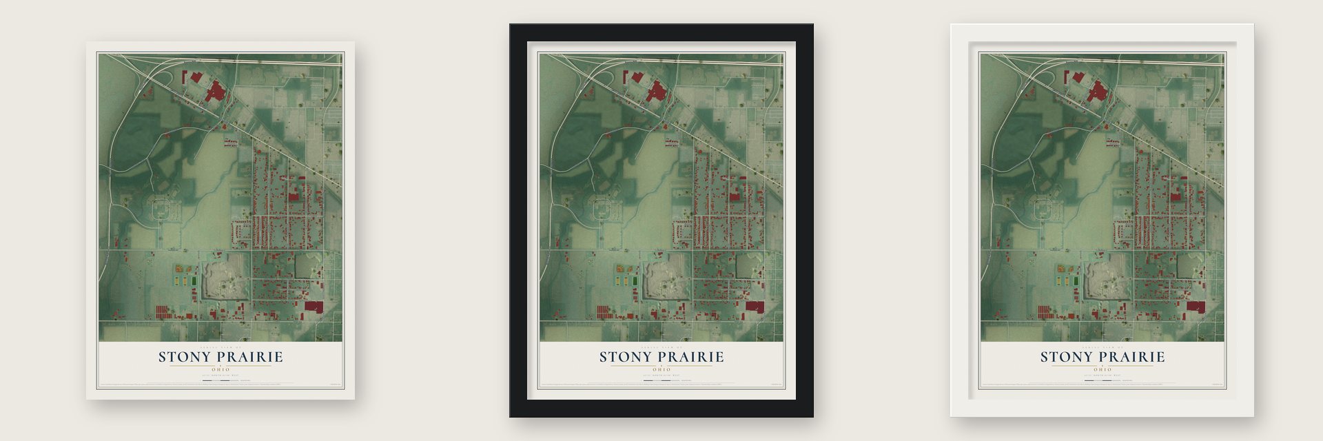Stony Prairie, Ohio map unframed, in a black wood frame and in a white wood frame