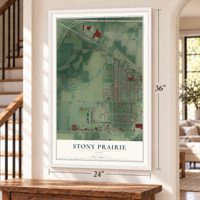 Stony Prairie, Ohio map, 24 x 36 inch print in a white frame by a staircase