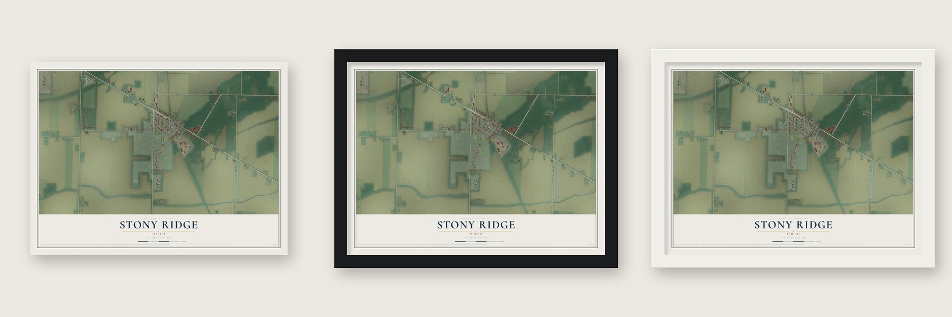 Stony Ridge, Ohio map unframed, in a black wood frame and in a white wood frame