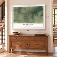 Stony Ridge, Ohio map, 24 x 36 inch print in a white frame above a dresser by a staircase