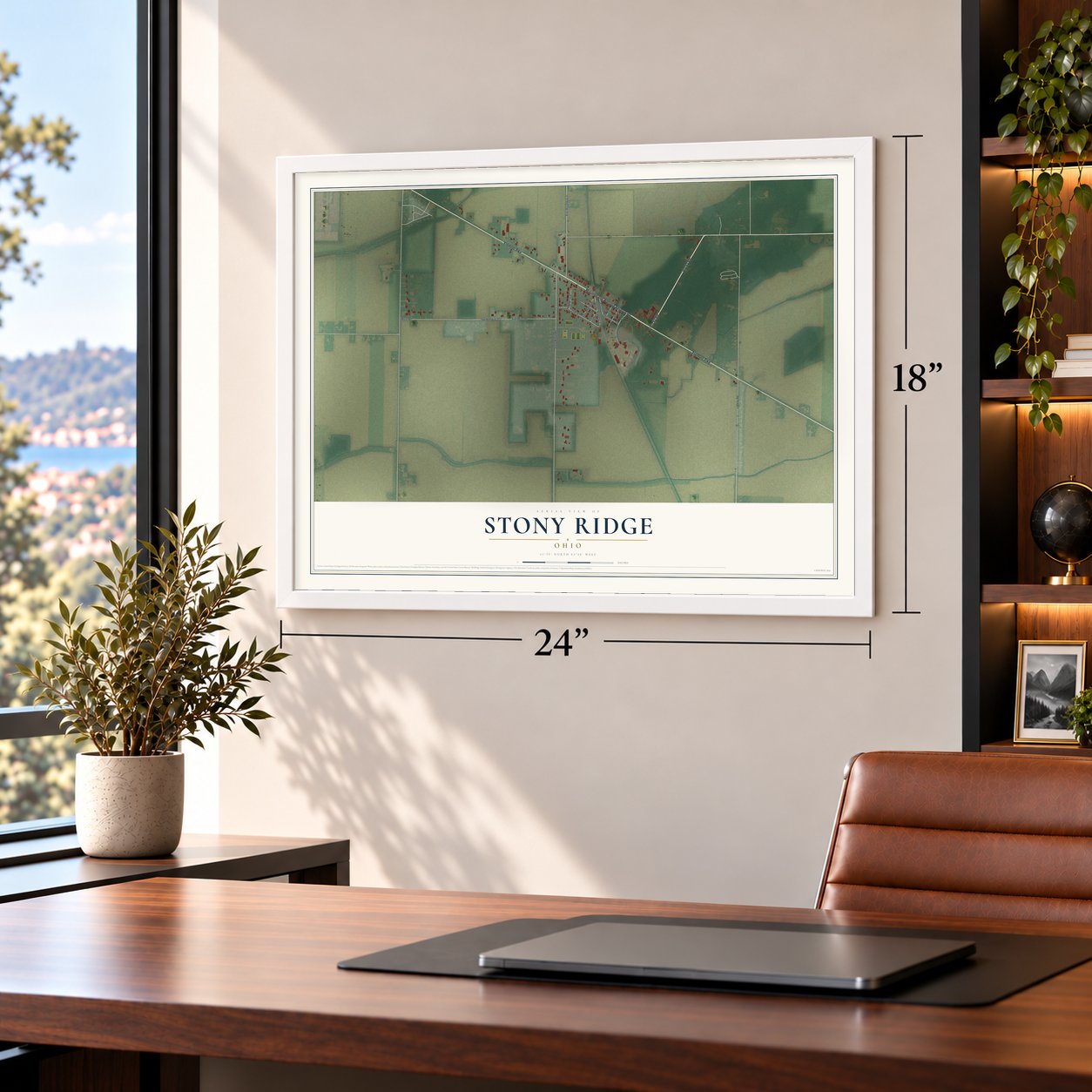 Stony Ridge, Ohio map, 18 x 24 inch print in a white frame in a home office