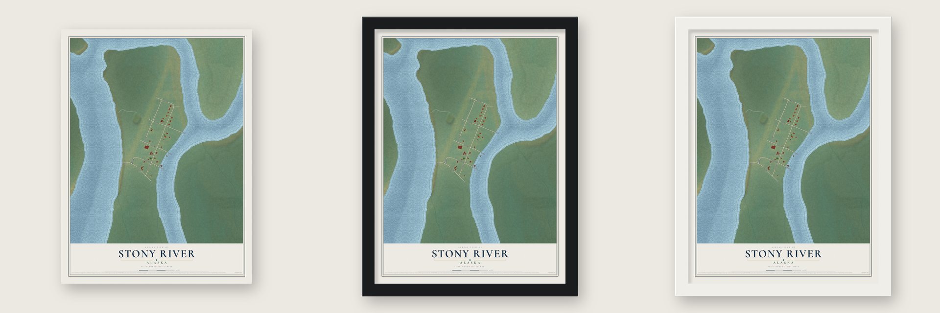Stony River, Alaska map unframed, in a black wood frame and in a white wood frame