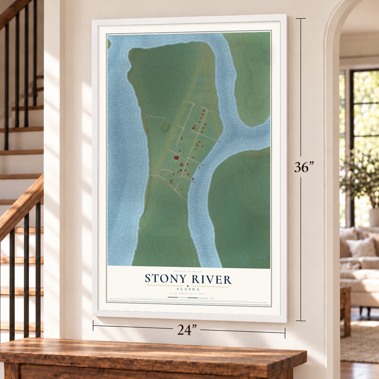 Stony River, Alaska map, 24 x 36 inch print in a white frame by a staircase