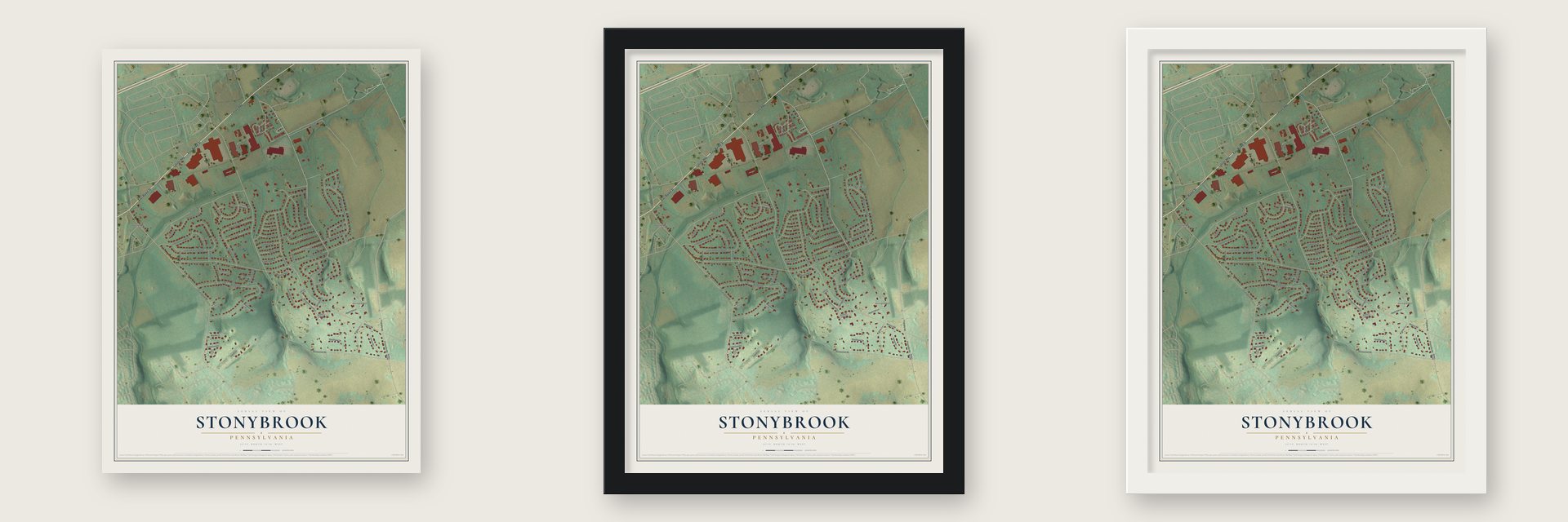 Stonybrook, Pennsylvania map unframed, in a black wood frame and in a white wood frame