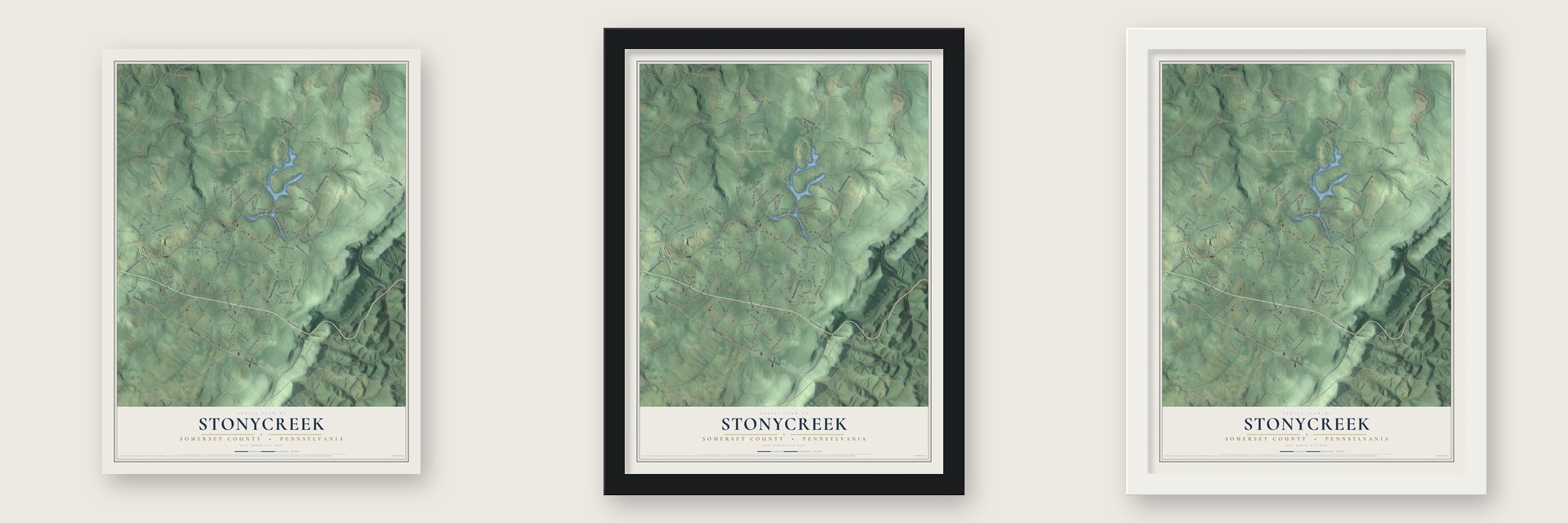 Stonycreek, Somerset County, Pennsylvania map unframed, in a black wood frame and in a white wood frame