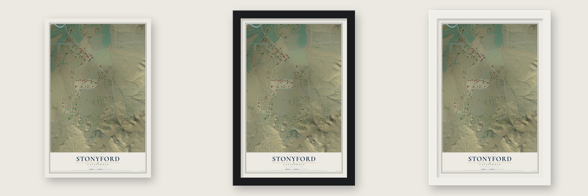 Stonyford, California map unframed, in a black wood frame and in a white wood frame
