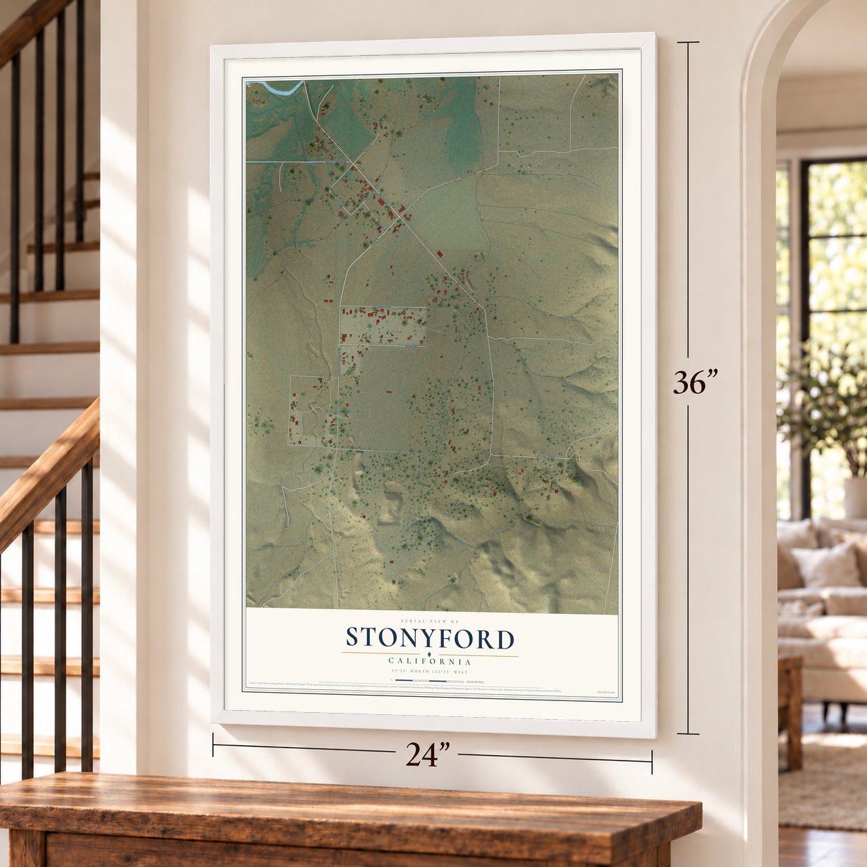 Stonyford, California map, 24 x 36 inch print in a white frame by a staircase