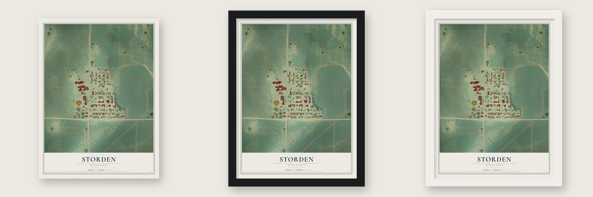 Storden, Minnesota map unframed, in a black wood frame and in a white wood frame