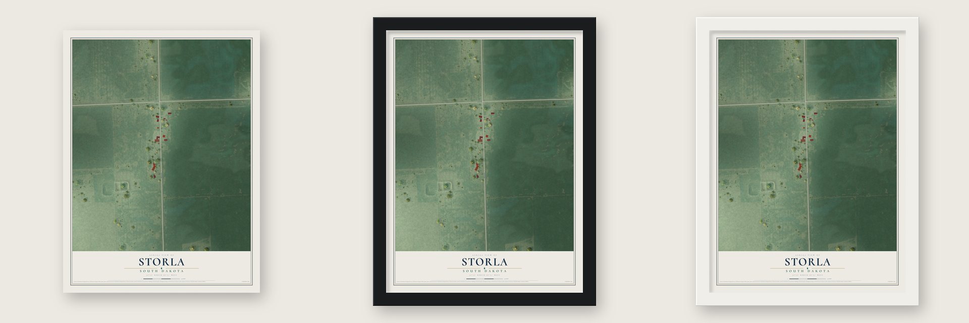 Storla, South Dakota map unframed, in a black wood frame and in a white wood frame