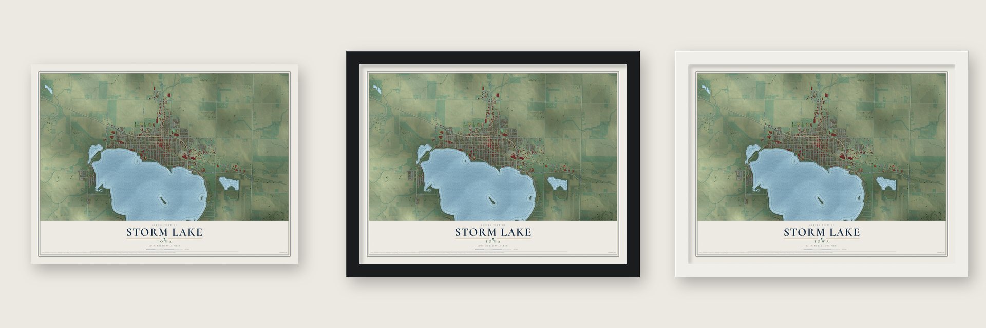 Storm Lake, Iowa map unframed, in a black wood frame and in a white wood frame