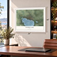 Storm Lake, Iowa map, 18 x 24 inch print in a white frame in a home office