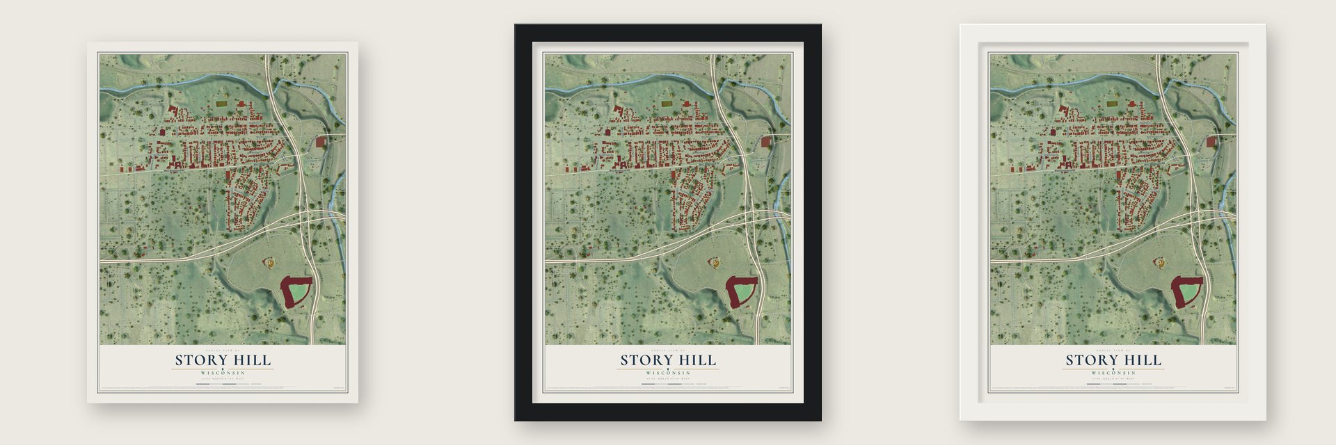 Story Hill, Wisconsin map unframed, in a black wood frame and in a white wood frame