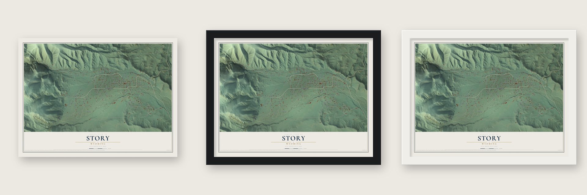 Story, Wyoming map unframed, in a black wood frame and in a white wood frame