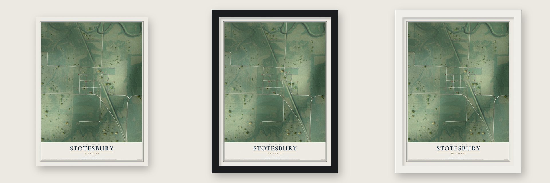 Stotesbury, Missouri map unframed, in a black wood frame and in a white wood frame