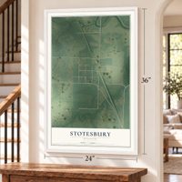 Stotesbury, Missouri map, 24 x 36 inch print in a white frame by a staircase
