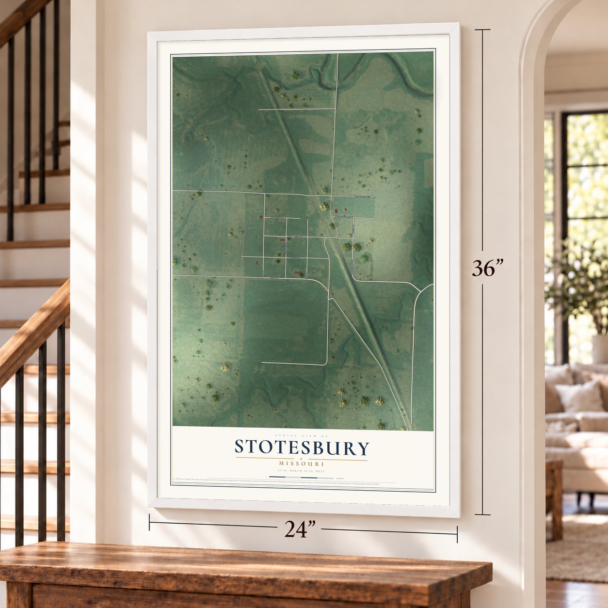 Stotesbury, Missouri map, 24 x 36 inch print in a white frame by a staircase