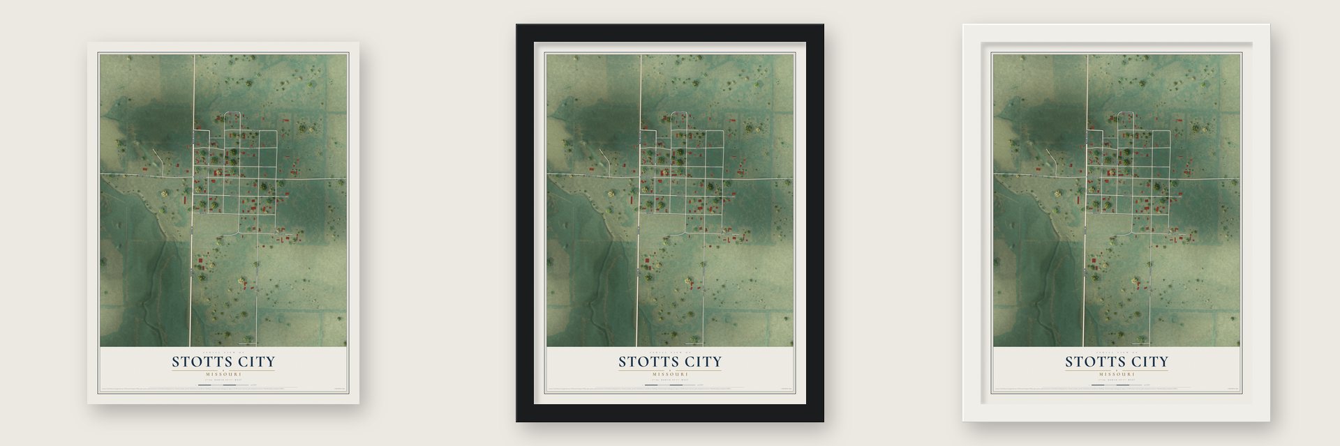 Stotts City, Missouri map unframed, in a black wood frame and in a white wood frame