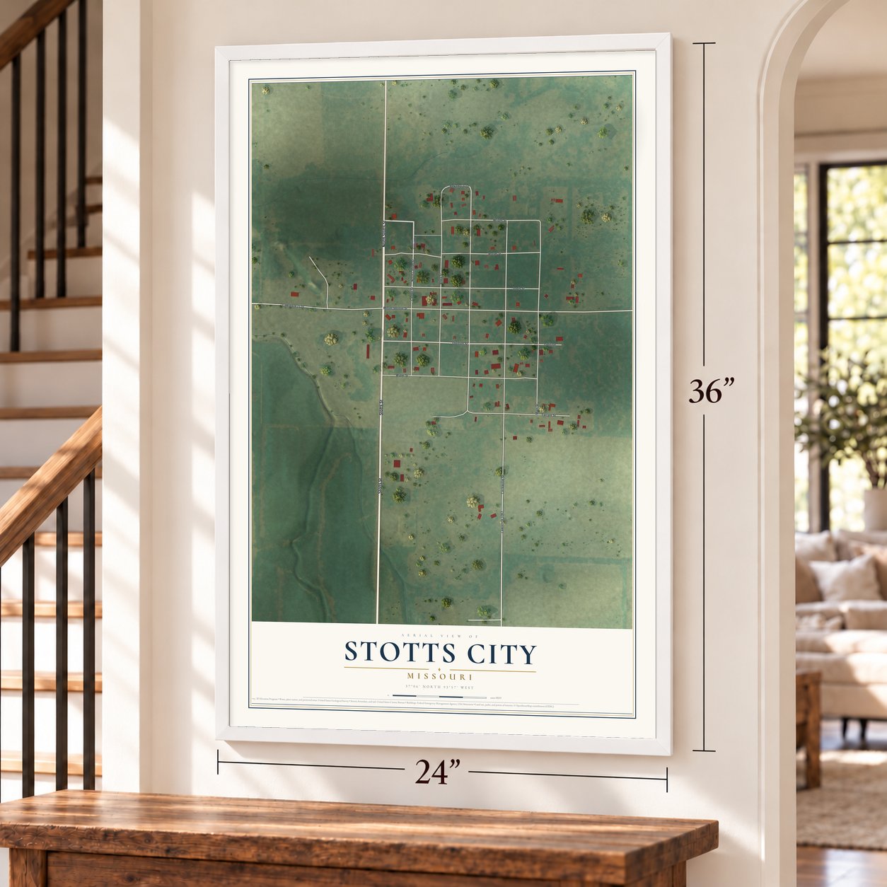 Stotts City, Missouri map, 24 x 36 inch print in a white frame by a staircase