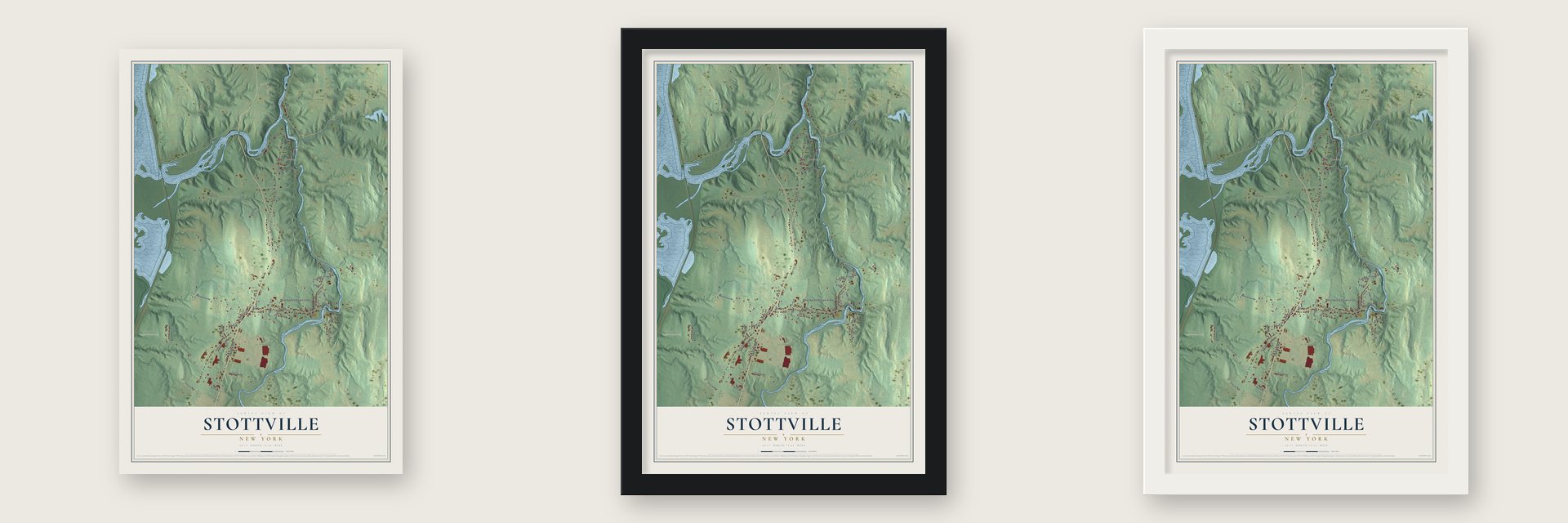 Stottville, New York map unframed, in a black wood frame and in a white wood frame