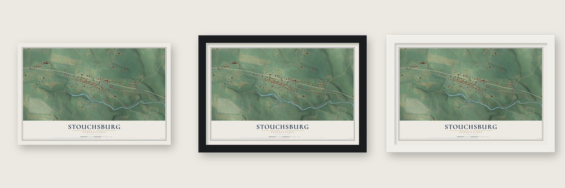 Stouchsburg, Pennsylvania map unframed, in a black wood frame and in a white wood frame