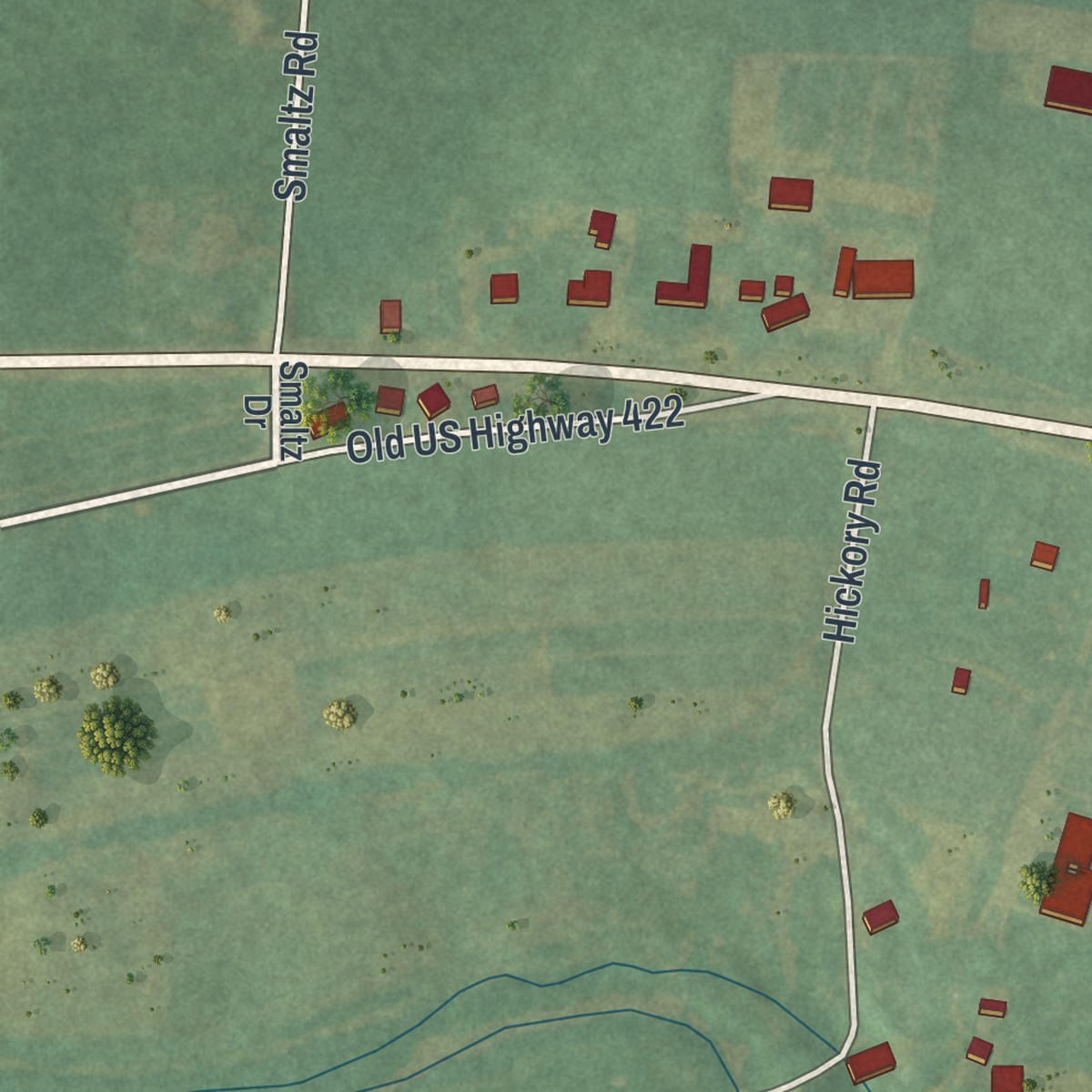 Second close-up of the map of Stouchsburg, Pennsylvania print showing more streets and buildings