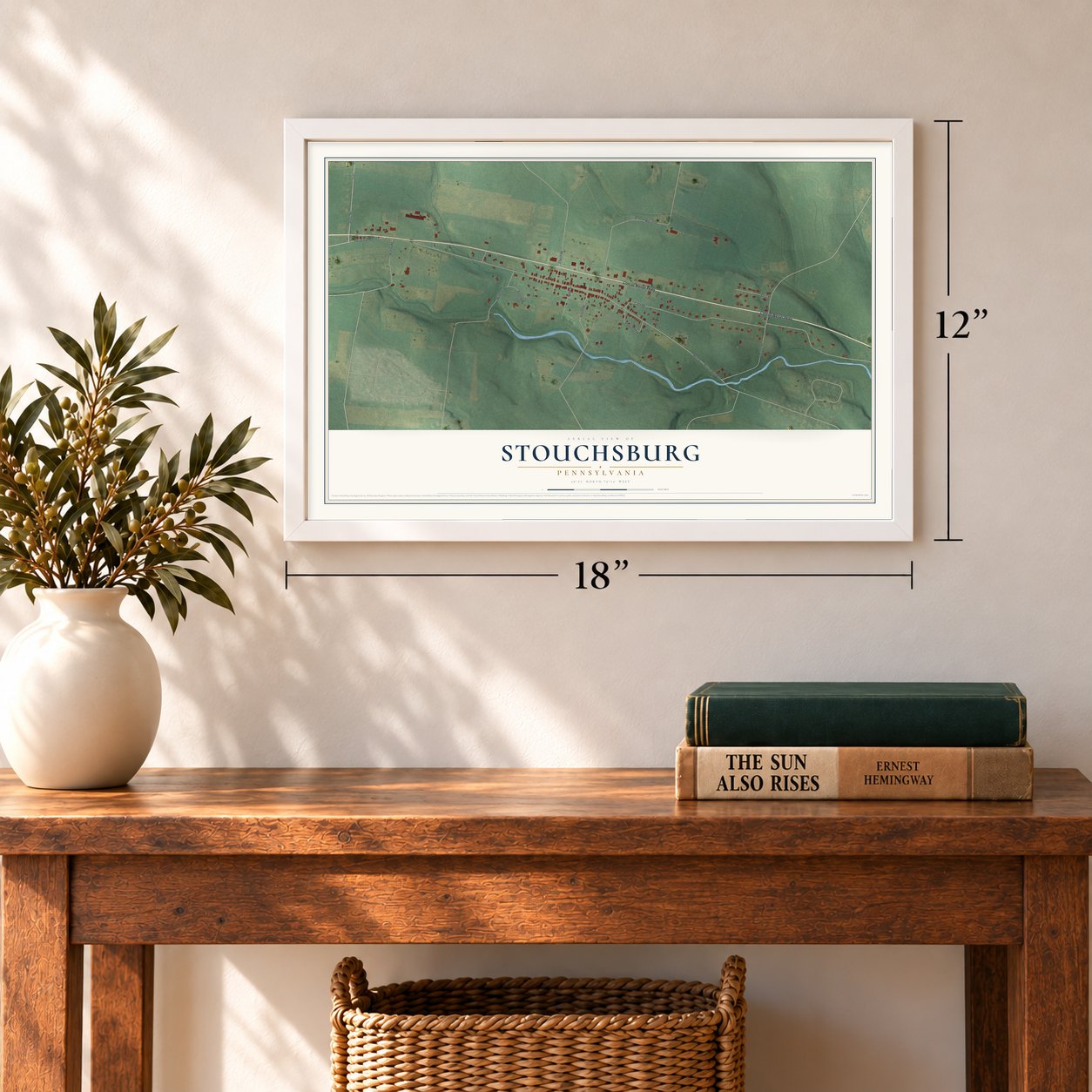 Stouchsburg, Pennsylvania map, 12 x 18 inch print in a white frame in an entryway