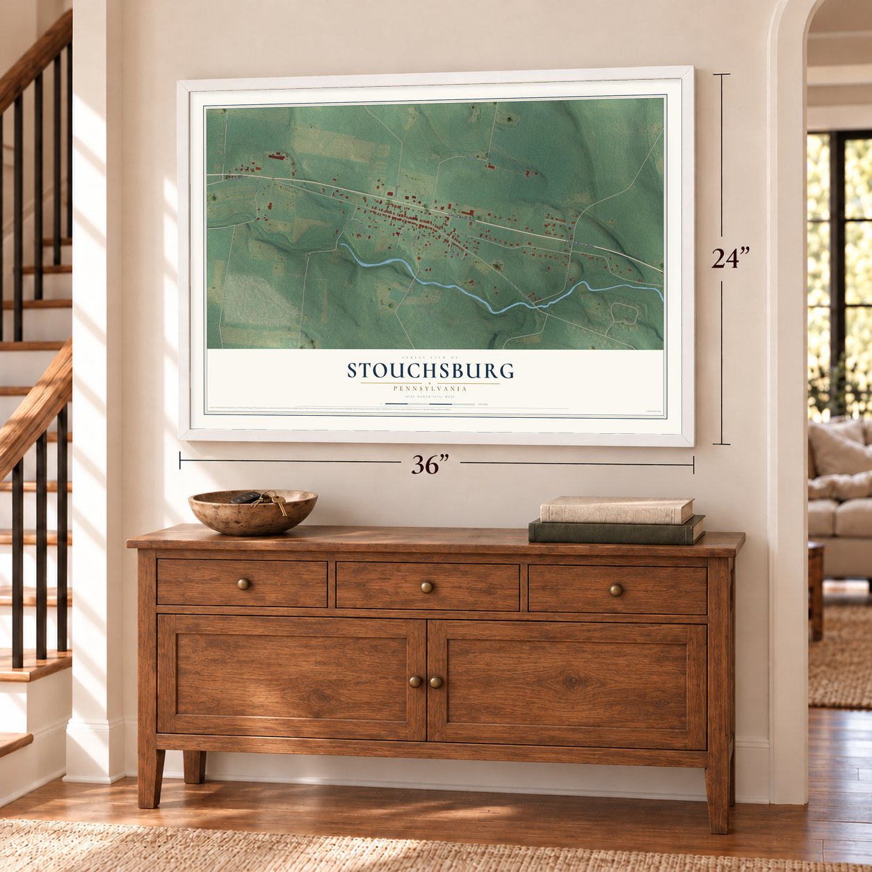 Stouchsburg, Pennsylvania map, 24 x 36 inch print in a white frame above a dresser by a staircase