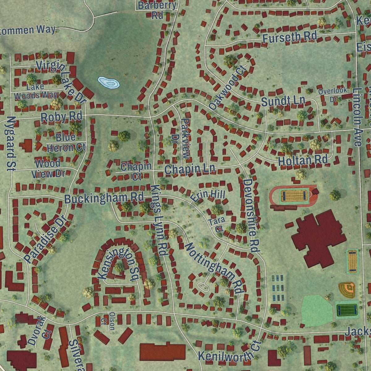 Second close-up of the map of Stoughton, Wisconsin print showing more streets and buildings