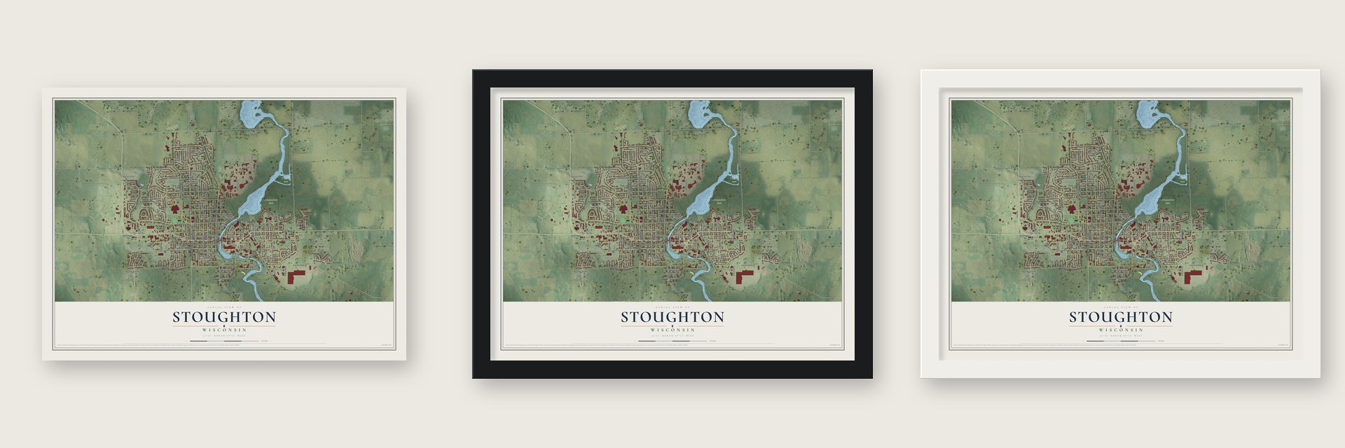 Stoughton, Wisconsin map unframed, in a black wood frame and in a white wood frame