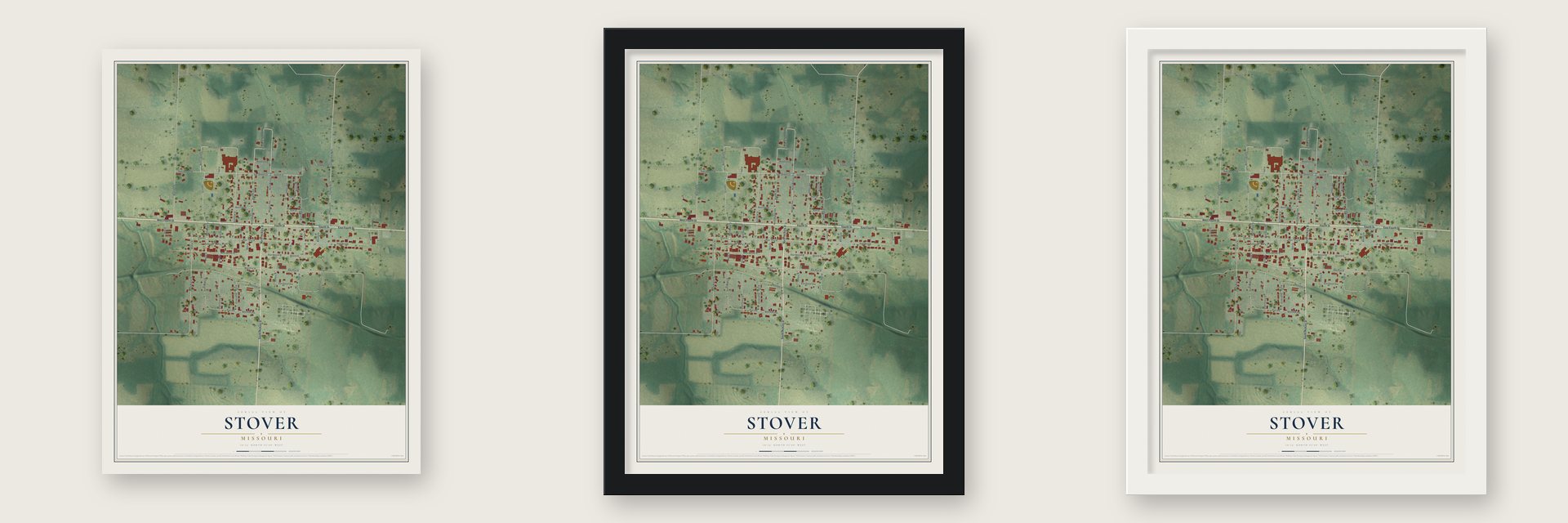 Stover, Missouri map unframed, in a black wood frame and in a white wood frame