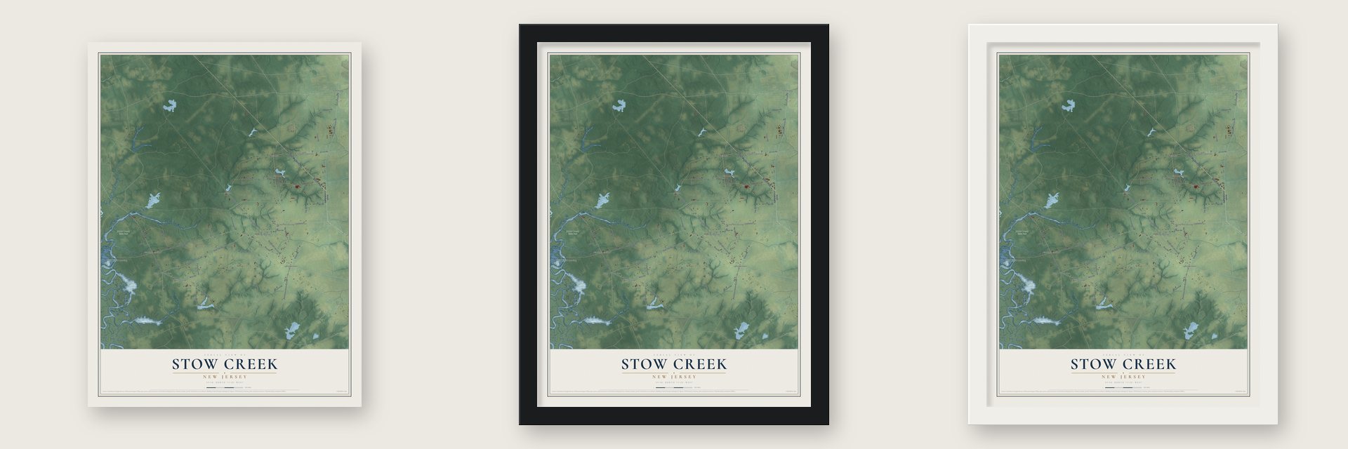 Stow Creek, New Jersey map unframed, in a black wood frame and in a white wood frame