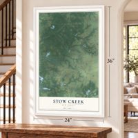 Stow Creek, New Jersey map, 24 x 36 inch print in a white frame by a staircase