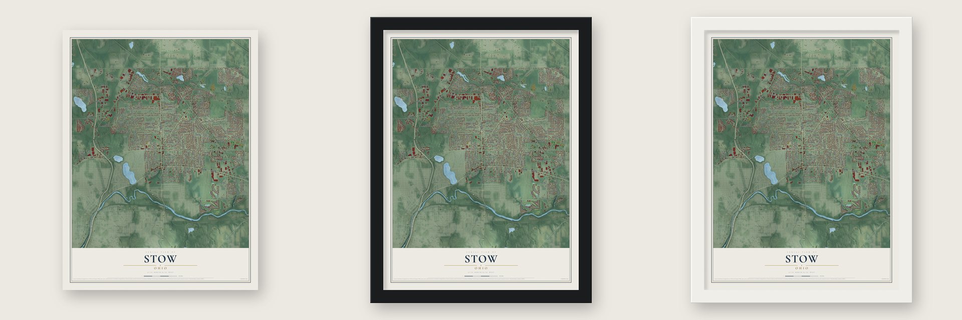 Stow, Ohio map unframed, in a black wood frame and in a white wood frame
