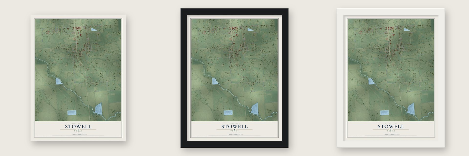 Stowell, Texas map unframed, in a black wood frame and in a white wood frame