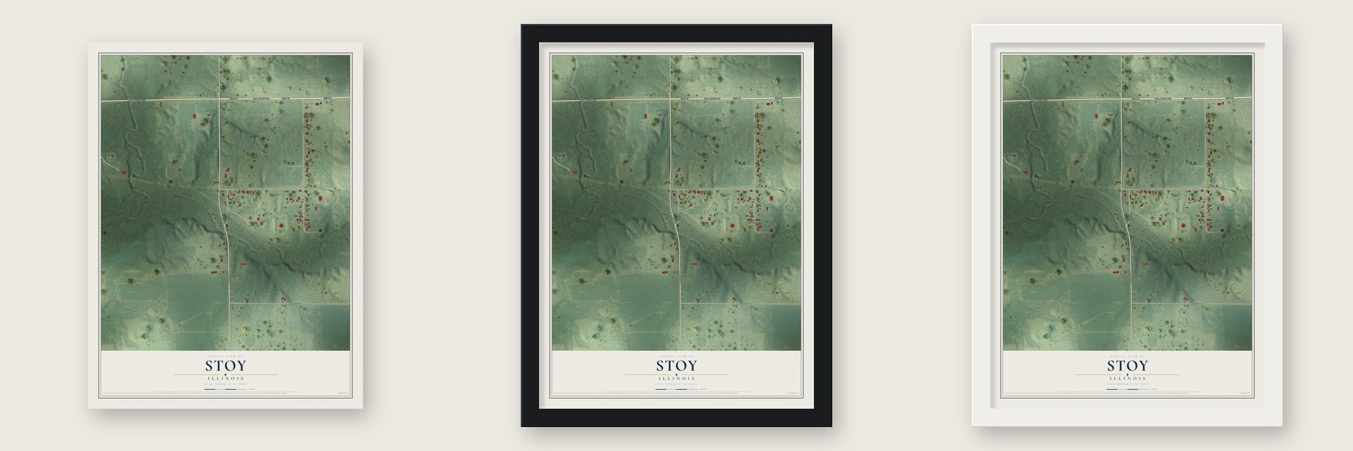 Stoy, Illinois map unframed, in a black wood frame and in a white wood frame