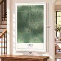 Stoy, Illinois map, 24 x 36 inch print in a white frame by a staircase