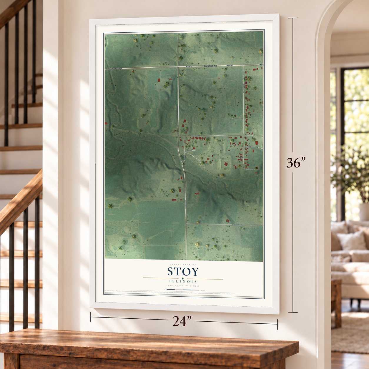 Stoy, Illinois map, 24 x 36 inch print in a white frame by a staircase