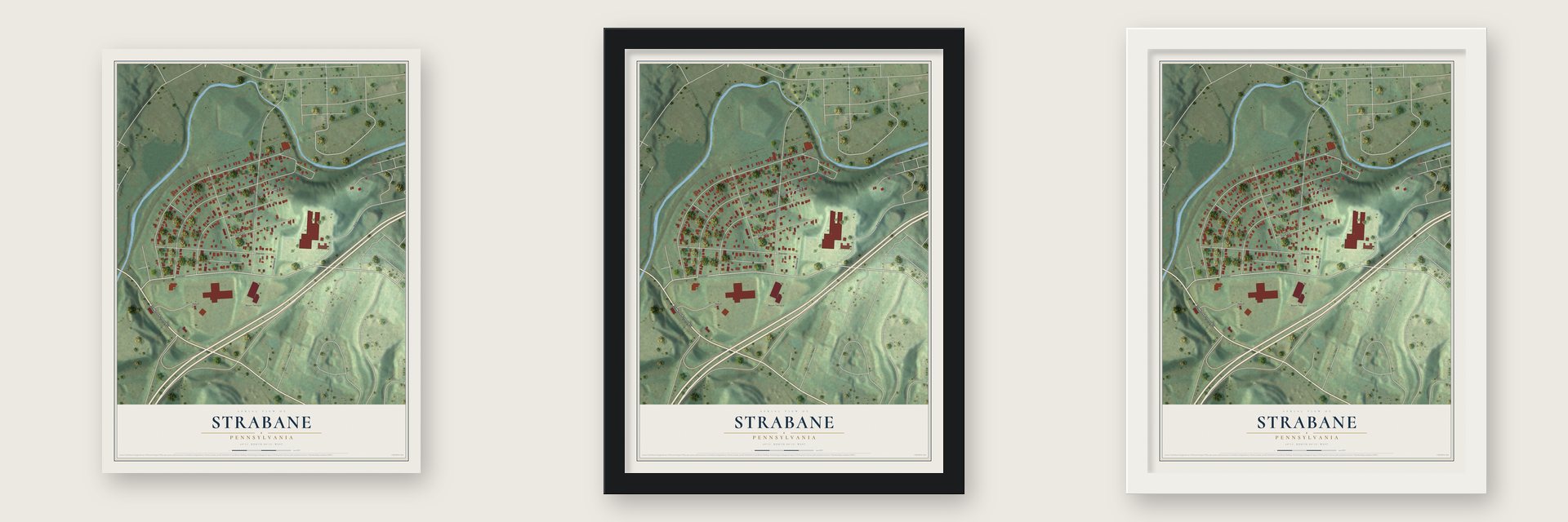 Strabane, Pennsylvania map unframed, in a black wood frame and in a white wood frame
