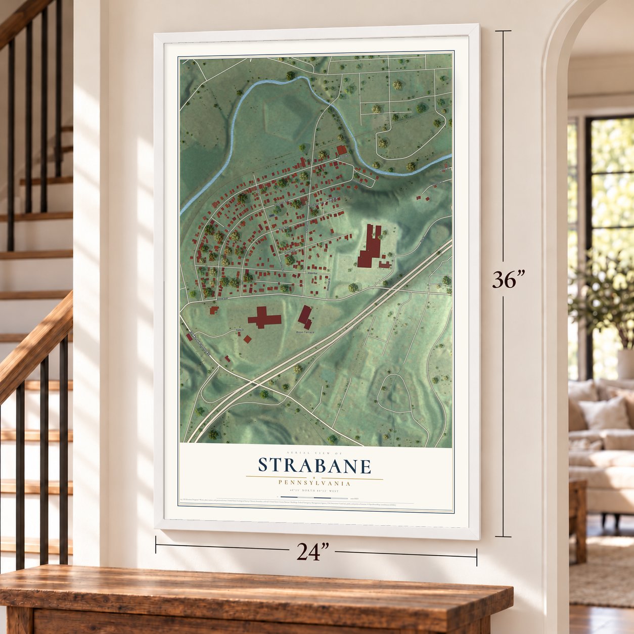 Strabane, Pennsylvania map, 24 x 36 inch print in a white frame by a staircase