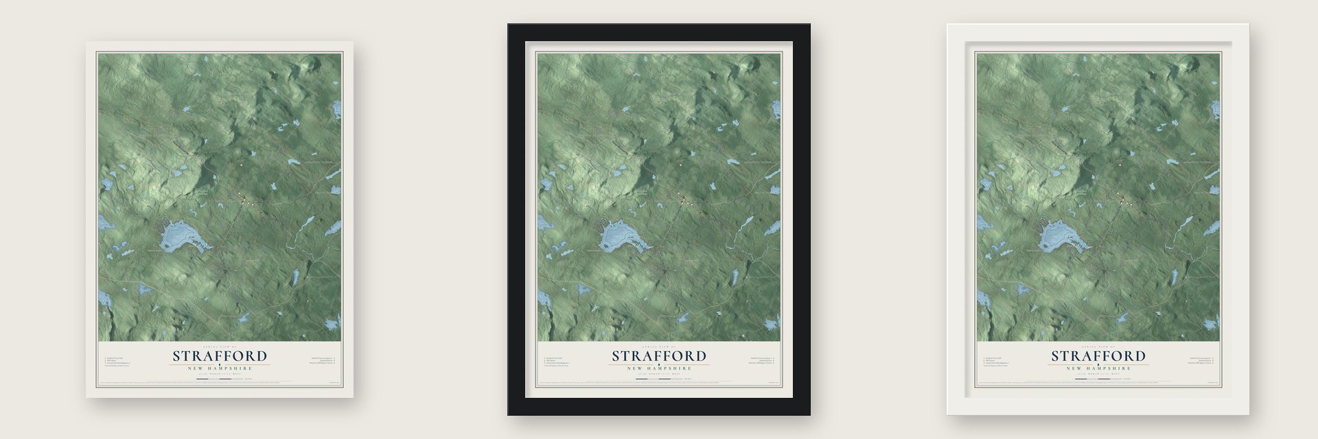 Strafford, New Hampshire map unframed, in a black wood frame and in a white wood frame