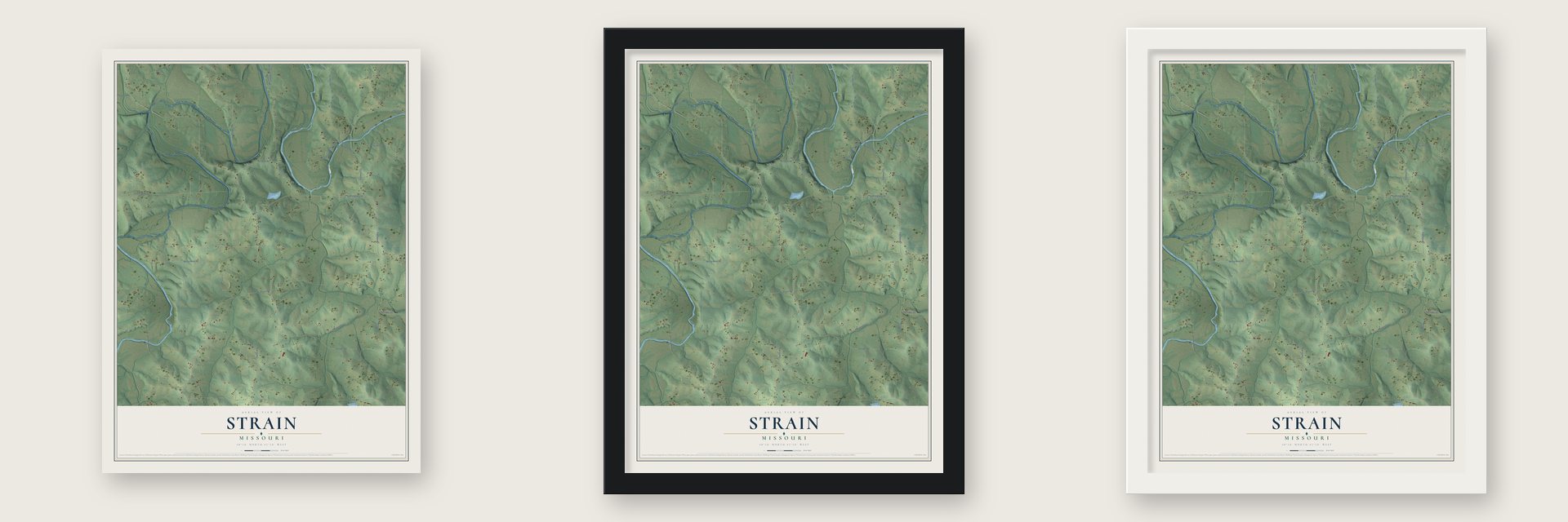 Strain, Missouri map unframed, in a black wood frame and in a white wood frame
