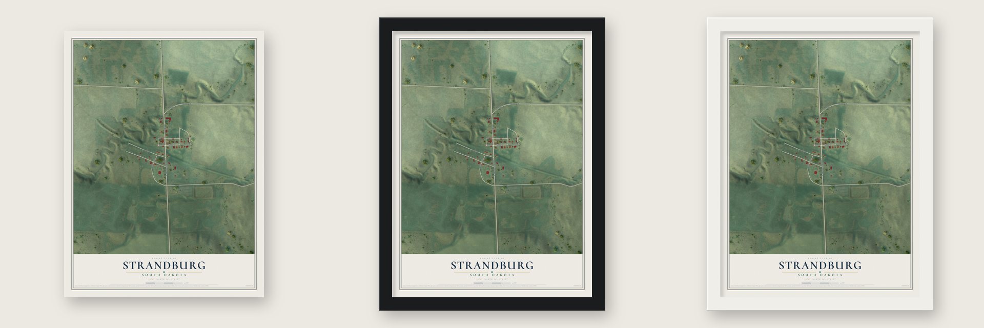 Strandburg, South Dakota map unframed, in a black wood frame and in a white wood frame