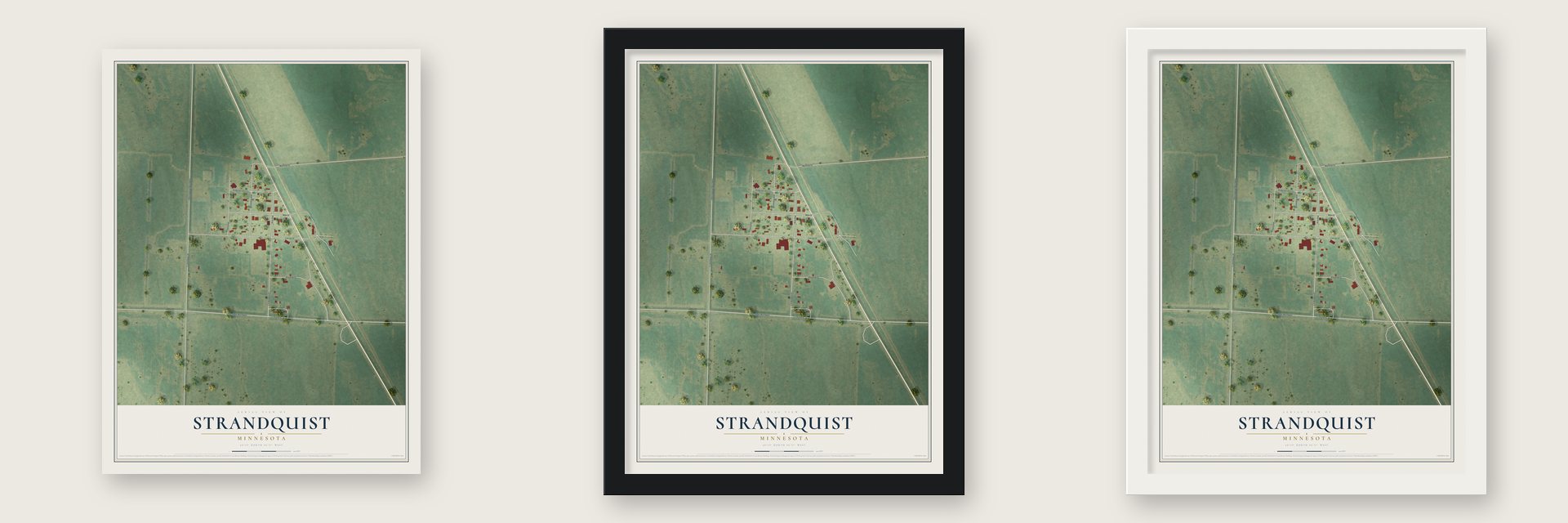 Strandquist, Minnesota map unframed, in a black wood frame and in a white wood frame