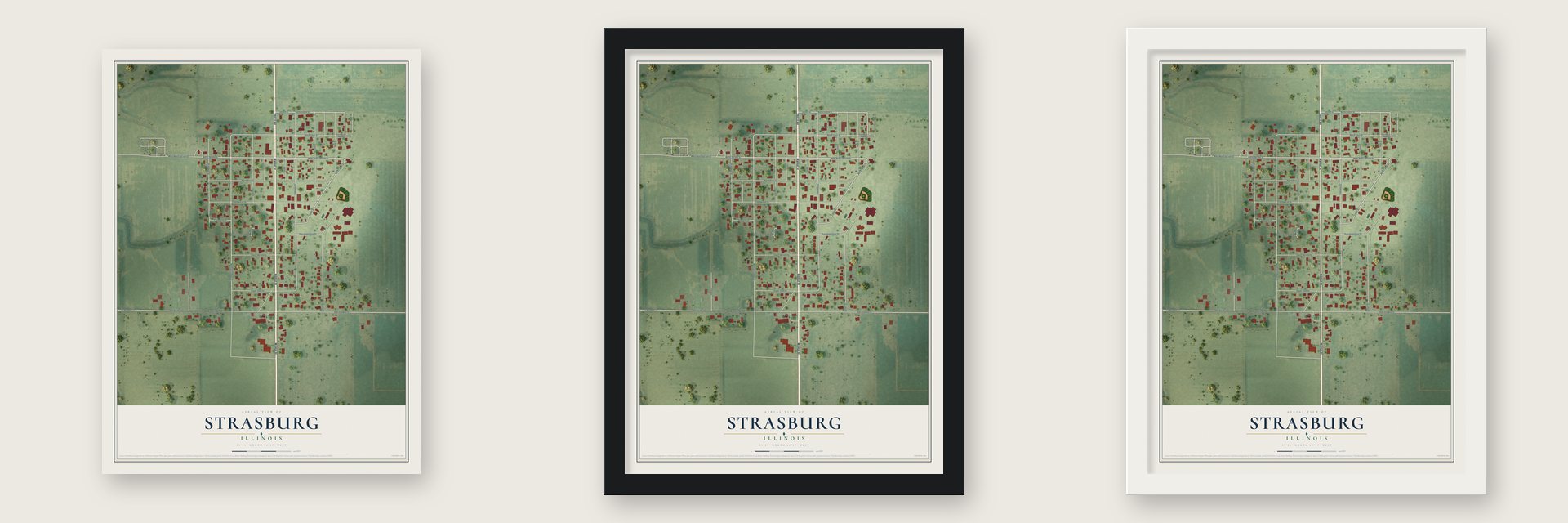 Strasburg, Illinois map unframed, in a black wood frame and in a white wood frame