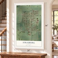 Strasburg, Illinois map, 24 x 36 inch print in a white frame by a staircase