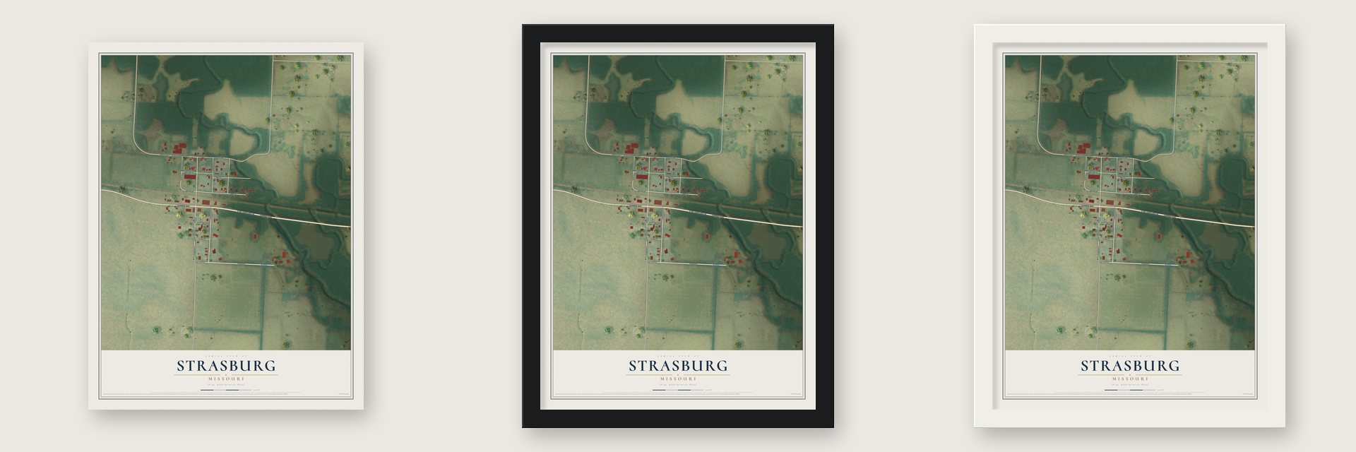 Strasburg, Missouri map unframed, in a black wood frame and in a white wood frame