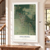 Strasburg, Missouri map, 24 x 36 inch print in a white frame by a staircase