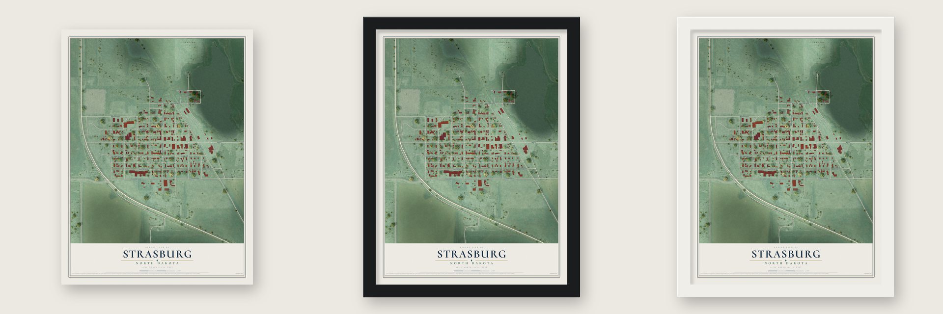 Strasburg, North Dakota map unframed, in a black wood frame and in a white wood frame