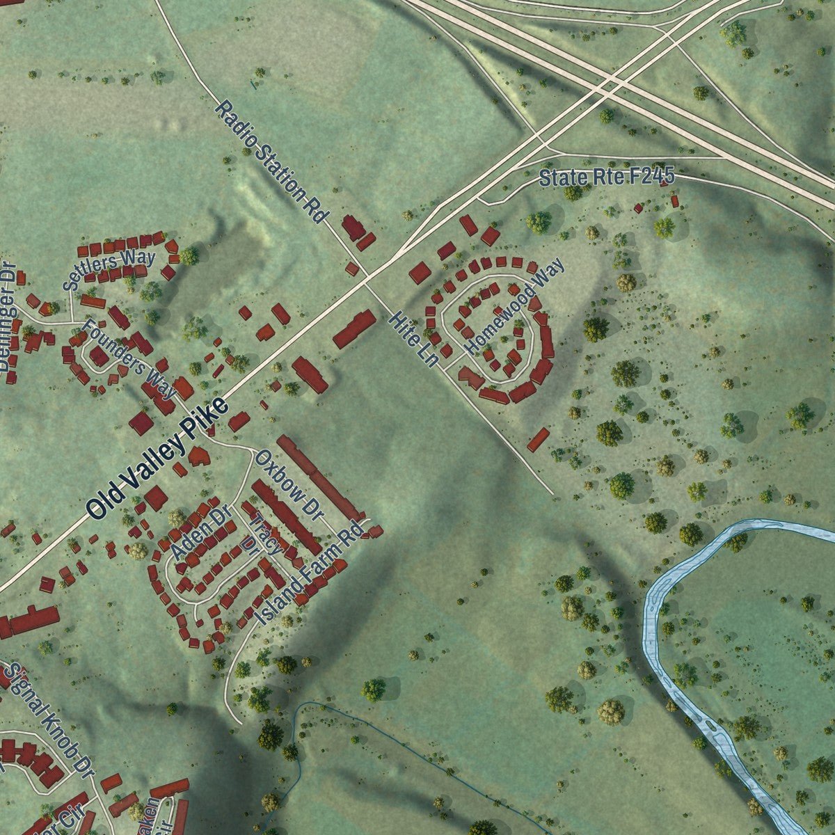 Second close-up of the map of Strasburg, Virginia print showing more streets and buildings