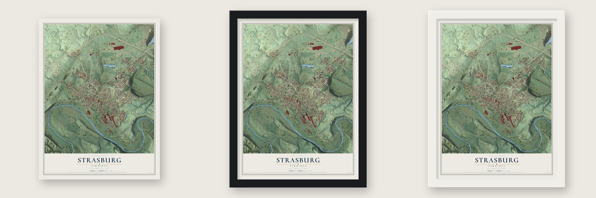 Strasburg, Virginia map unframed, in a black wood frame and in a white wood frame